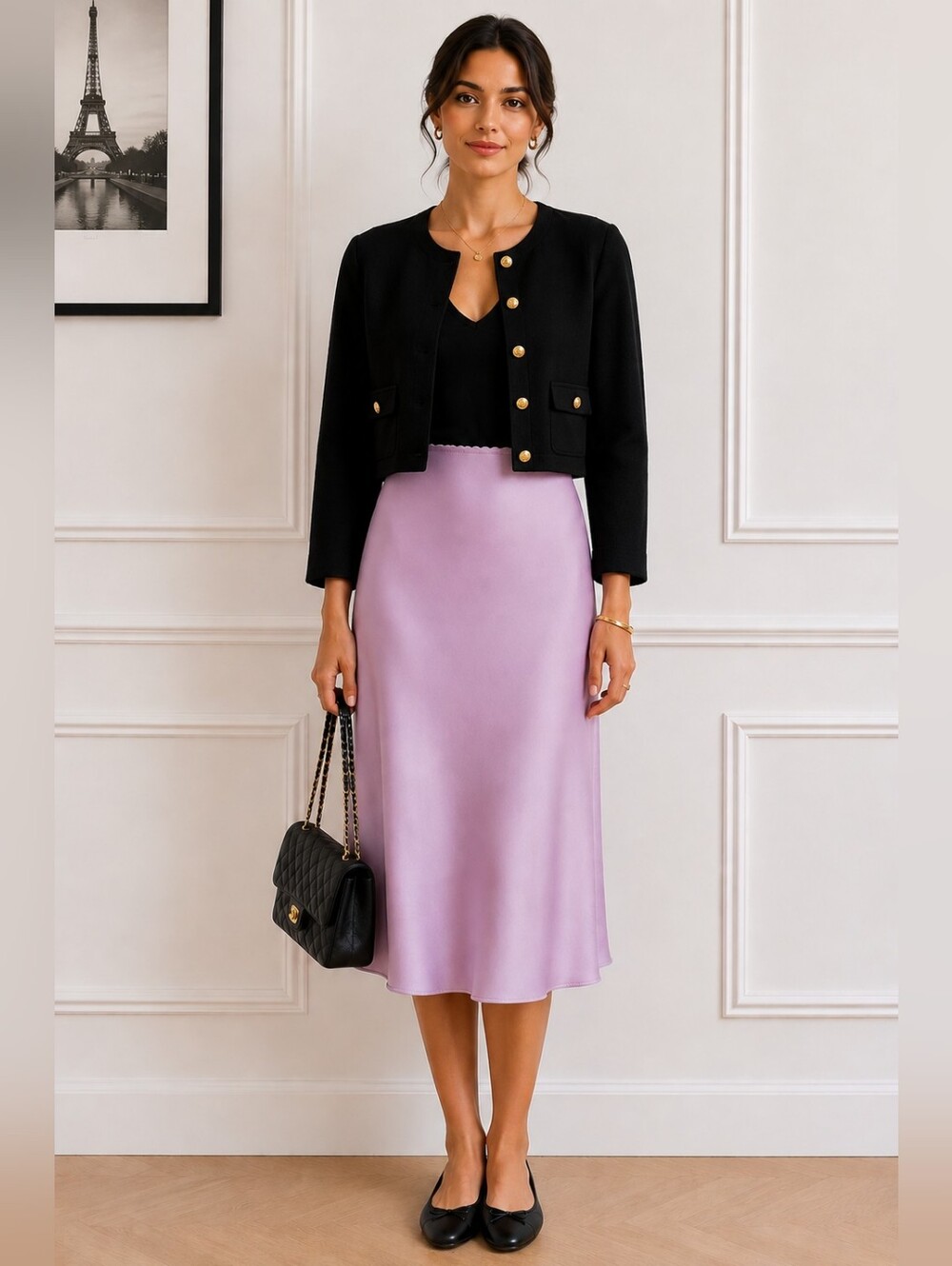 Elegant Lavender Satin Midi Slip Skirt - Size L